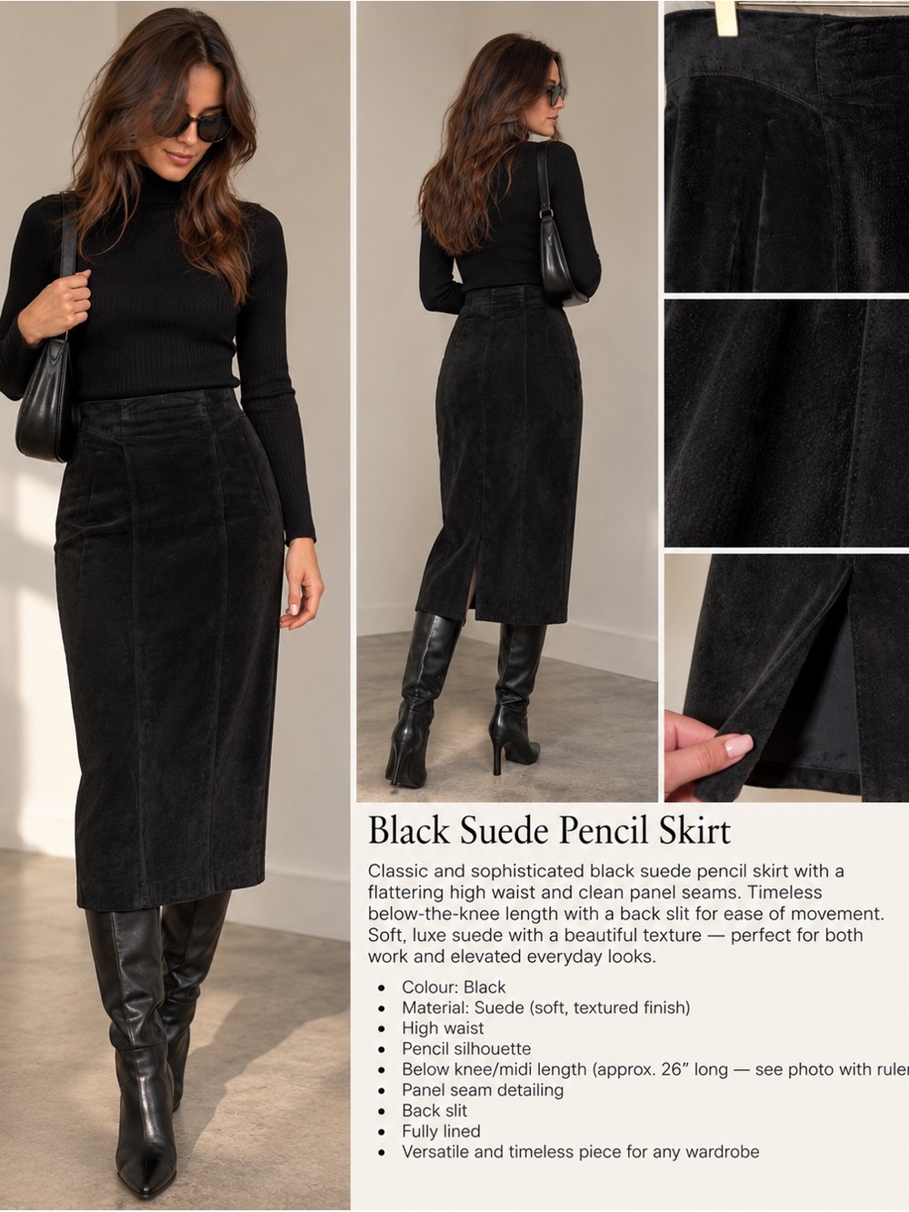 Vintage Danier Black Genuine Suede High-Waisted Midi Pencil Skirt – Below Knee